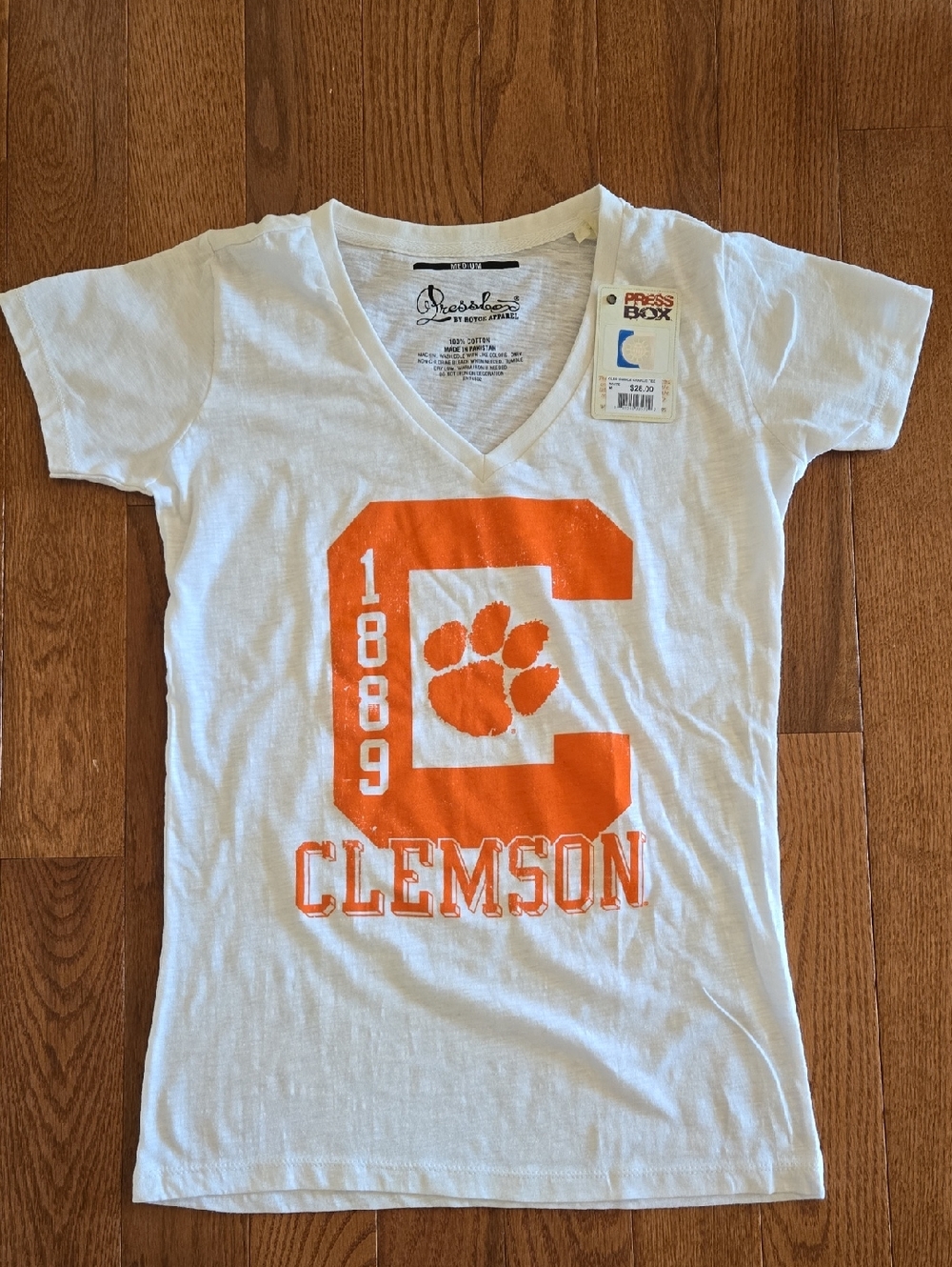 Pressbox White Juniors V-Neck Tee with Orange Clemson Graphic